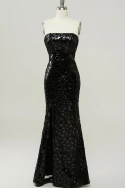 Black Sheath Strapless Sequin Prom Dress with Slit