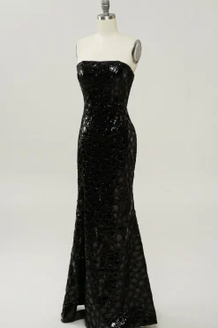 Black Sheath Strapless Sequin Prom Dress with Slit