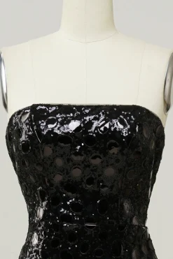 Black Sheath Strapless Sequin Prom Dress with Slit