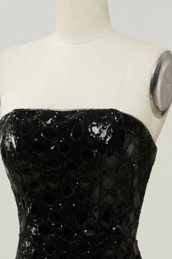 Black Sheath Strapless Sequin Prom Dress with Slit