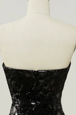 Black Sheath Strapless Sequin Prom Dress with Slit