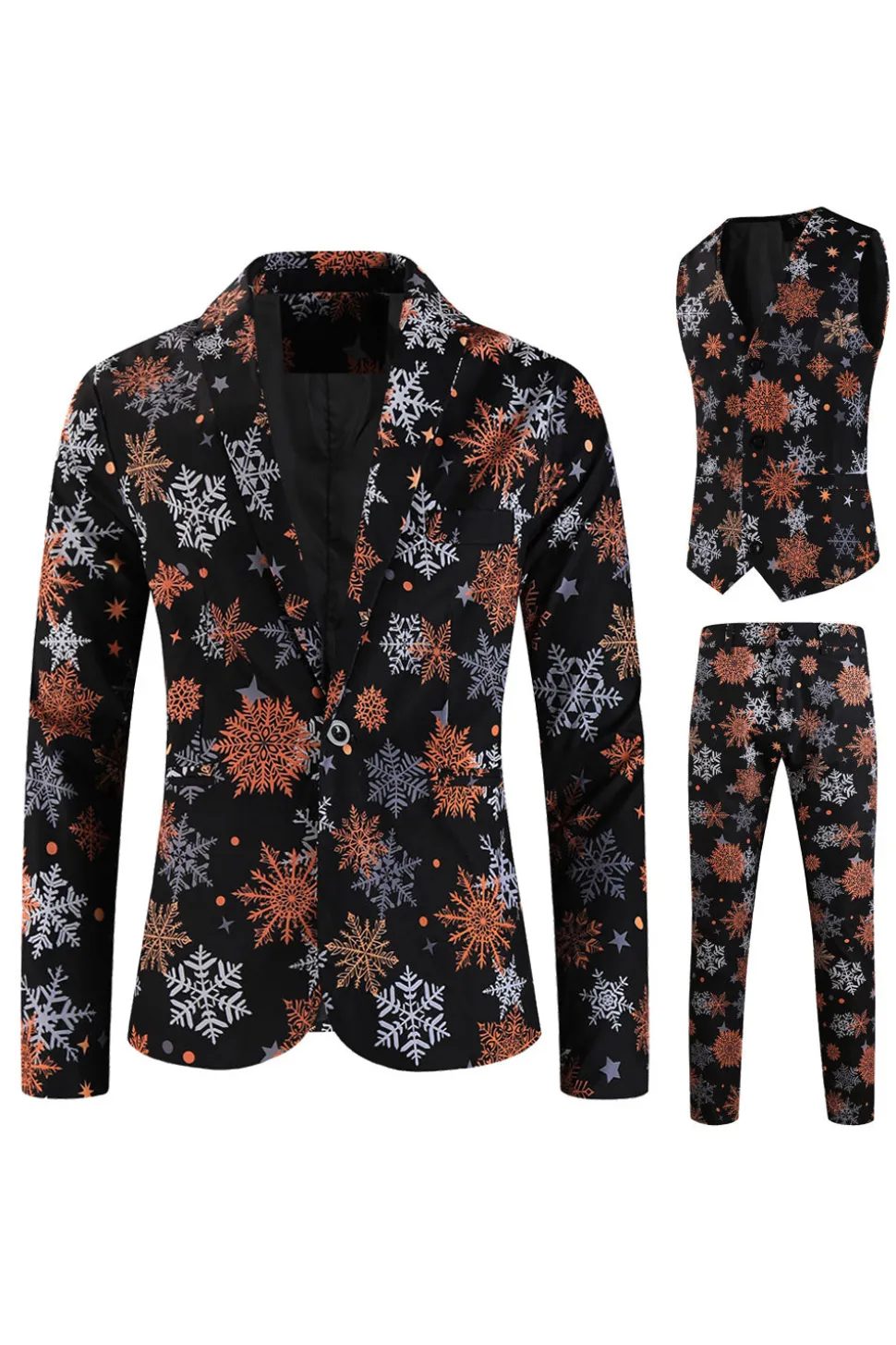 Black Snowflake Print One Button Three Piece Men's Christmas Party Suit