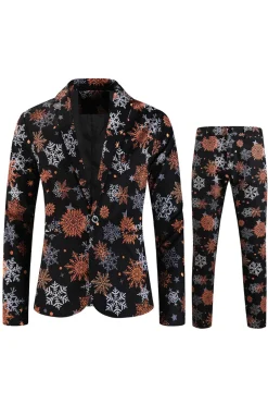 Black Snowflake Print One Button Three Piece Men's Christmas Party Suit