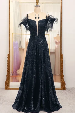 Black Spaghetti Straps A-Line Sequin Prom Dress With Feather