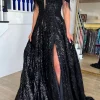 Black Sparkly A Line Cold Shoulder Prom Dress with Slit