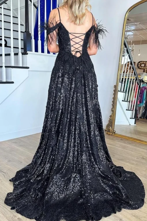 Black Sparkly A Line Cold Shoulder Prom Dress with Slit