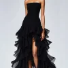 Black Strapless Tulle Tiered Ruffles Formal Dress