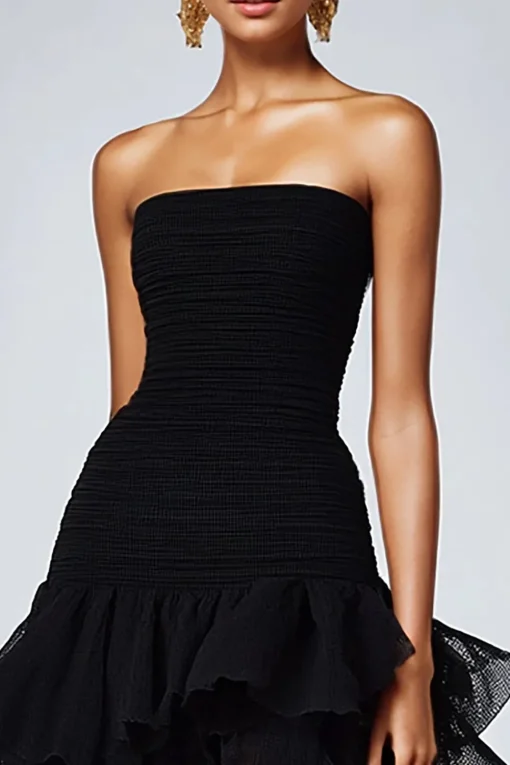 Black Strapless Tulle Tiered Ruffles Formal Dress
