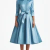 Blue A Line Flared Front Button Closures Mid Length Formal Dress with Long Sleeves