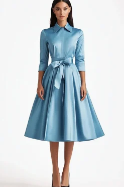 Blue A Line Flared Front Button Closures Mid Length Formal Dress with Long Sleeves