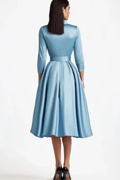 Blue A Line Flared Front Button Closures Mid Length Formal Dress with Long Sleeves