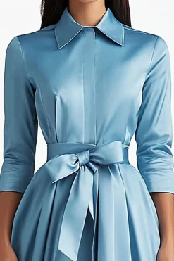 Blue A Line Flared Front Button Closures Mid Length Formal Dress with Long Sleeves