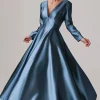 Blue A-Line V Neck Long Sleeves Satin Long Mother Of The Bride Dress