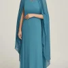Blue Chiffon Boat Neck Long Mother Of The Bride Dress with Wrap