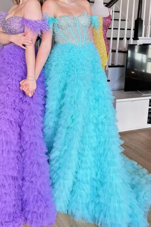 Blue Corset Off the Shoulder Long Prom Dress with Features