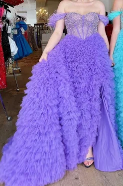 Blue Corset Off the Shoulder Long Prom Dress with Features