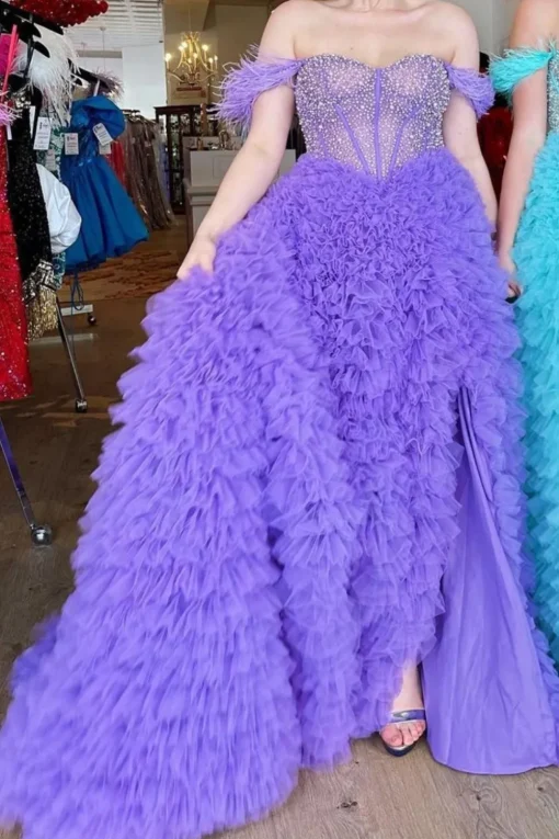 Blue Corset Off the Shoulder Long Prom Dress with Features