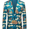 Blue Crane Jacquard Notched Lapel Men Blazer