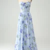 Blue Floral A Line Sweetheart Strapless Pleated Long Wedding Guest Dress