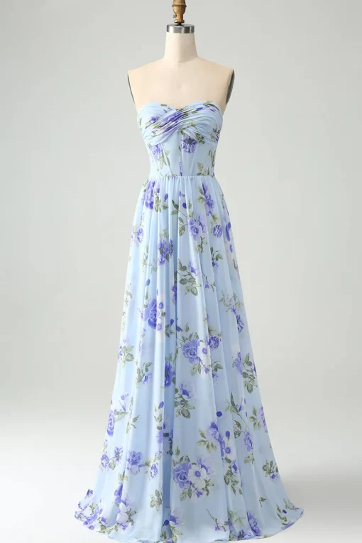 Blue Floral A Line Sweetheart Strapless Pleated Long Wedding Guest Dress