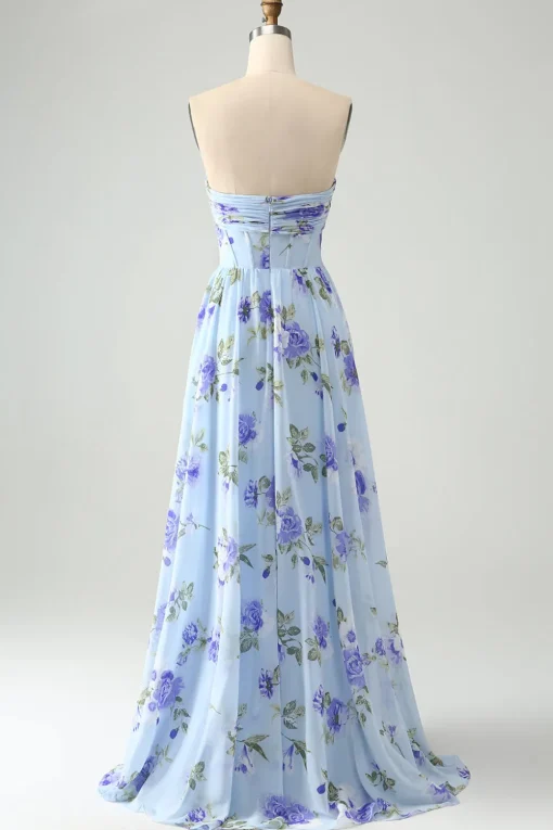 Blue Floral A Line Sweetheart Strapless Pleated Long Wedding Guest Dress