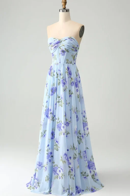 Blue Floral A Line Sweetheart Strapless Pleated Long Wedding Guest Dress
