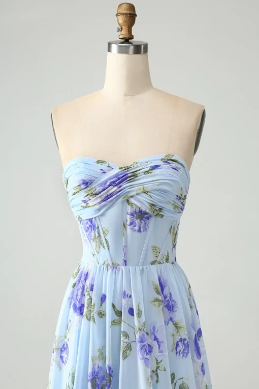 Blue Floral A Line Sweetheart Strapless Pleated Long Wedding Guest Dress