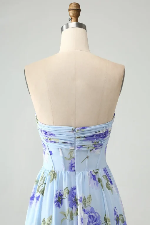 Blue Floral A Line Sweetheart Strapless Pleated Long Wedding Guest Dress