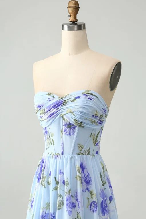 Blue Floral A Line Sweetheart Strapless Pleated Long Wedding Guest Dress