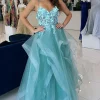 Blue Floral Appliques A Line Spaghetti Straps Prom Dress