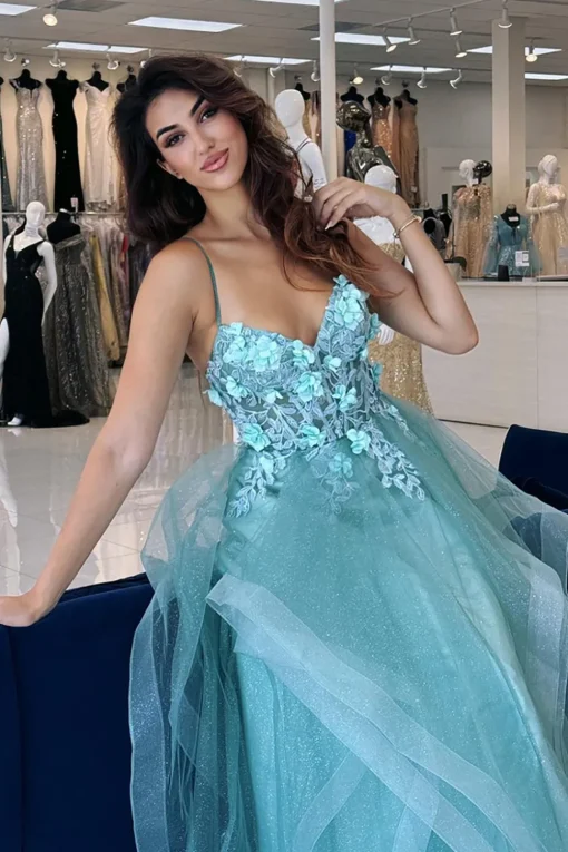 Blue Floral Appliques A Line Spaghetti Straps Prom Dress