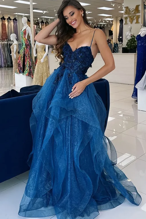 Blue Floral Appliques A Line Spaghetti Straps Prom Dress