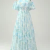 Blue Floral Printed Off The Shoulder Tiered Wedding Guest Dress