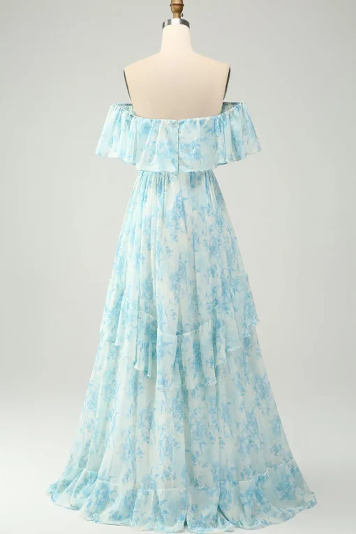 Blue Floral Printed Off The Shoulder Tiered Wedding Guest Dress