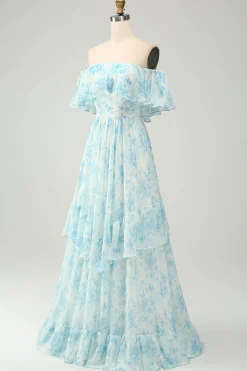 Blue Floral Printed Off The Shoulder Tiered Wedding Guest Dress