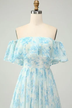 Blue Floral Printed Off The Shoulder Tiered Wedding Guest Dress