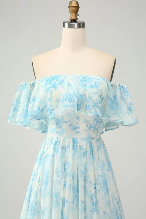 Blue Floral Printed Off The Shoulder Tiered Wedding Guest Dress