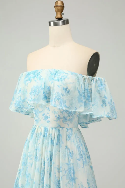 Blue Floral Printed Off The Shoulder Tiered Wedding Guest Dress