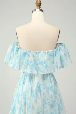Blue Floral Printed Off The Shoulder Tiered Wedding Guest Dress