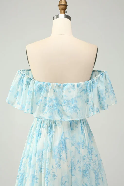 Blue Floral Printed Off The Shoulder Tiered Wedding Guest Dress