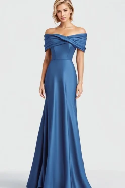 Blue Mermaid Ruched Off the Shoulder Satin Long Formal Dress