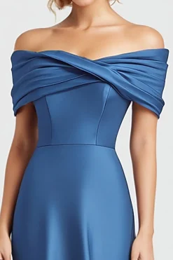 Blue Mermaid Ruched Off the Shoulder Satin Long Formal Dress