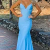 Blue Mermaid Simple Prom Dress with Lace-up Back