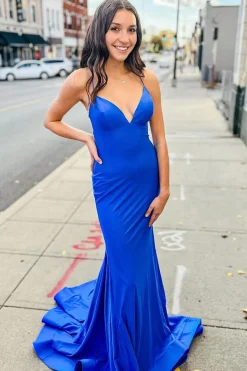 Blue Mermaid Simple Prom Dress with Lace-up Back