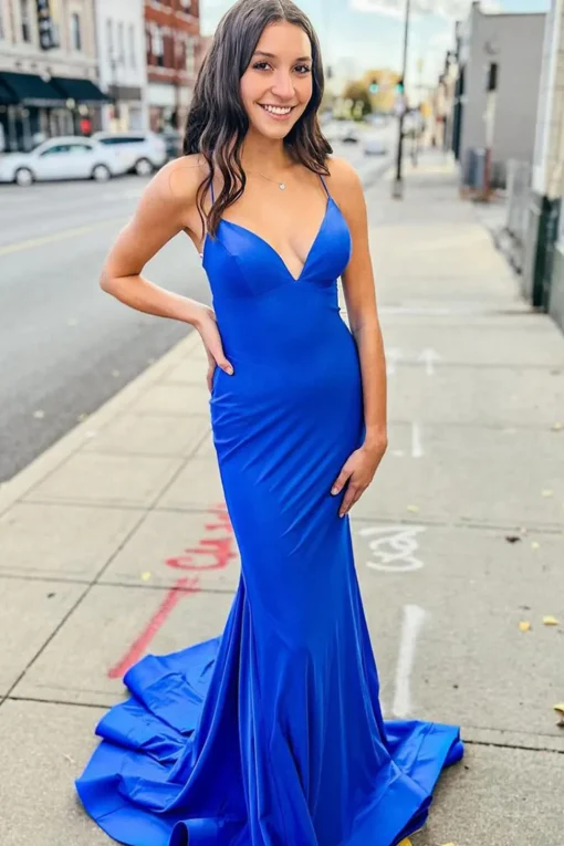 Blue Mermaid Simple Prom Dress with Lace-up Back