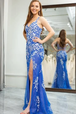 Blue Mermaid Spaghetti Straps Long Prom Dress with Appliques