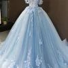Blue Off the Shoulder Tulle Quinceanera Dresses with Appliques