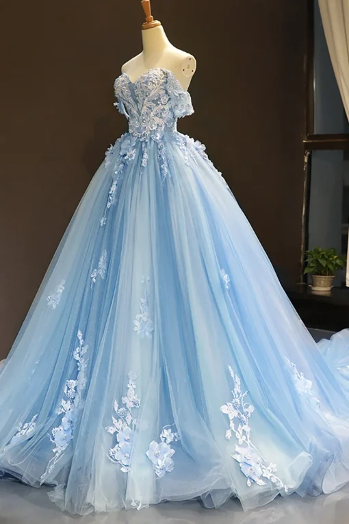 Blue Off the Shoulder Tulle Quinceanera Dresses with Appliques