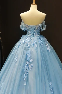 Blue Off the Shoulder Tulle Quinceanera Dresses with Appliques