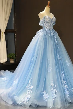 Blue Off the Shoulder Tulle Quinceanera Dresses with Appliques